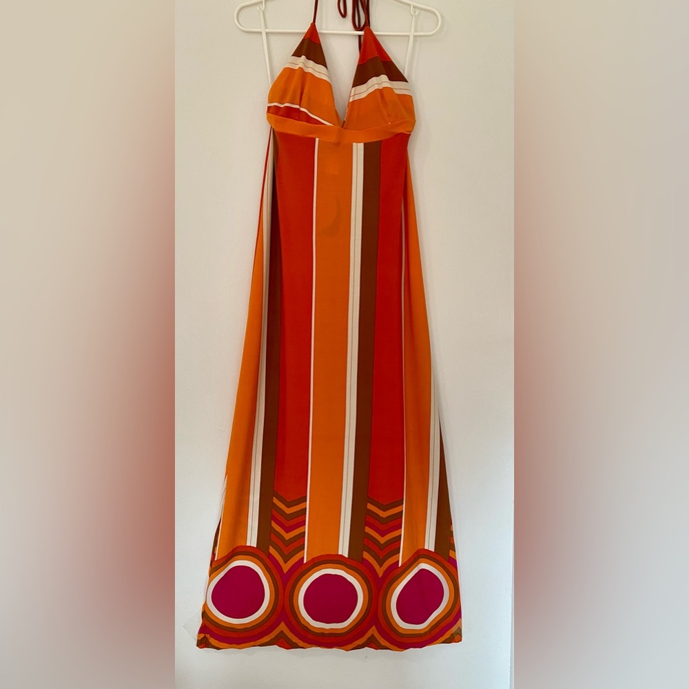 70’s inspired maxi dress, halter style. Designed by Nikki Poulous. Never worn.